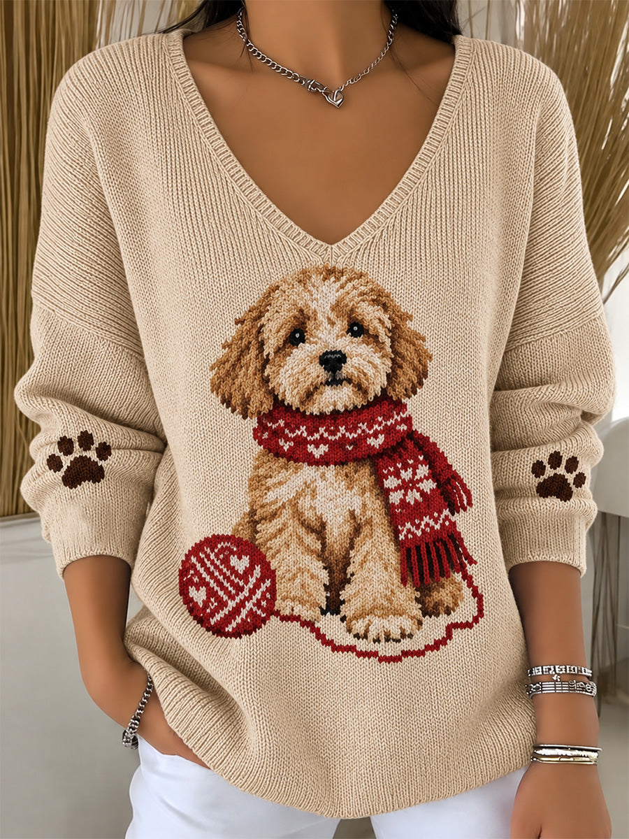 Women's Cute Scarf Dog Print V-Neck Ribbed Top