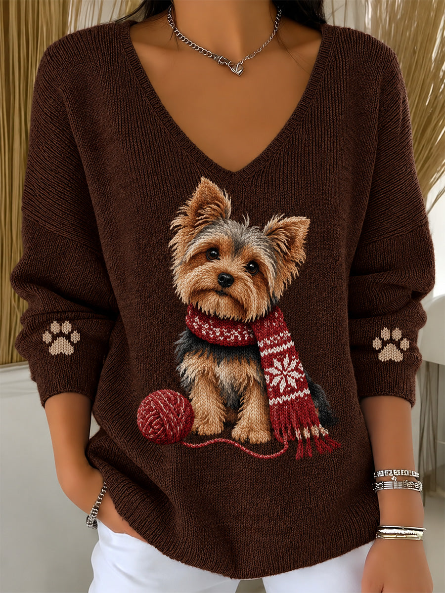 Women's Cute Scarf Dog Print V-Neck Ribbed Top