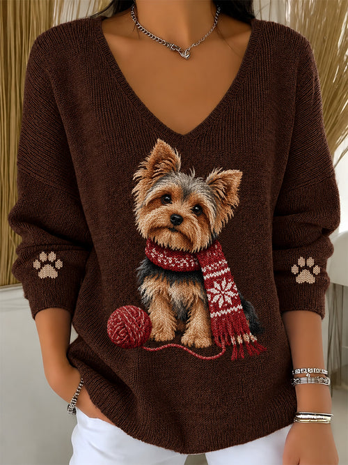 Women's Cute Scarf Dog Print V-Neck Ribbed Top