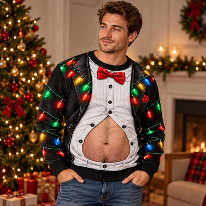 Men’s Funny Christmas Tuxedo Belly Print Sweatshirt – Festive Holiday Party Pullover