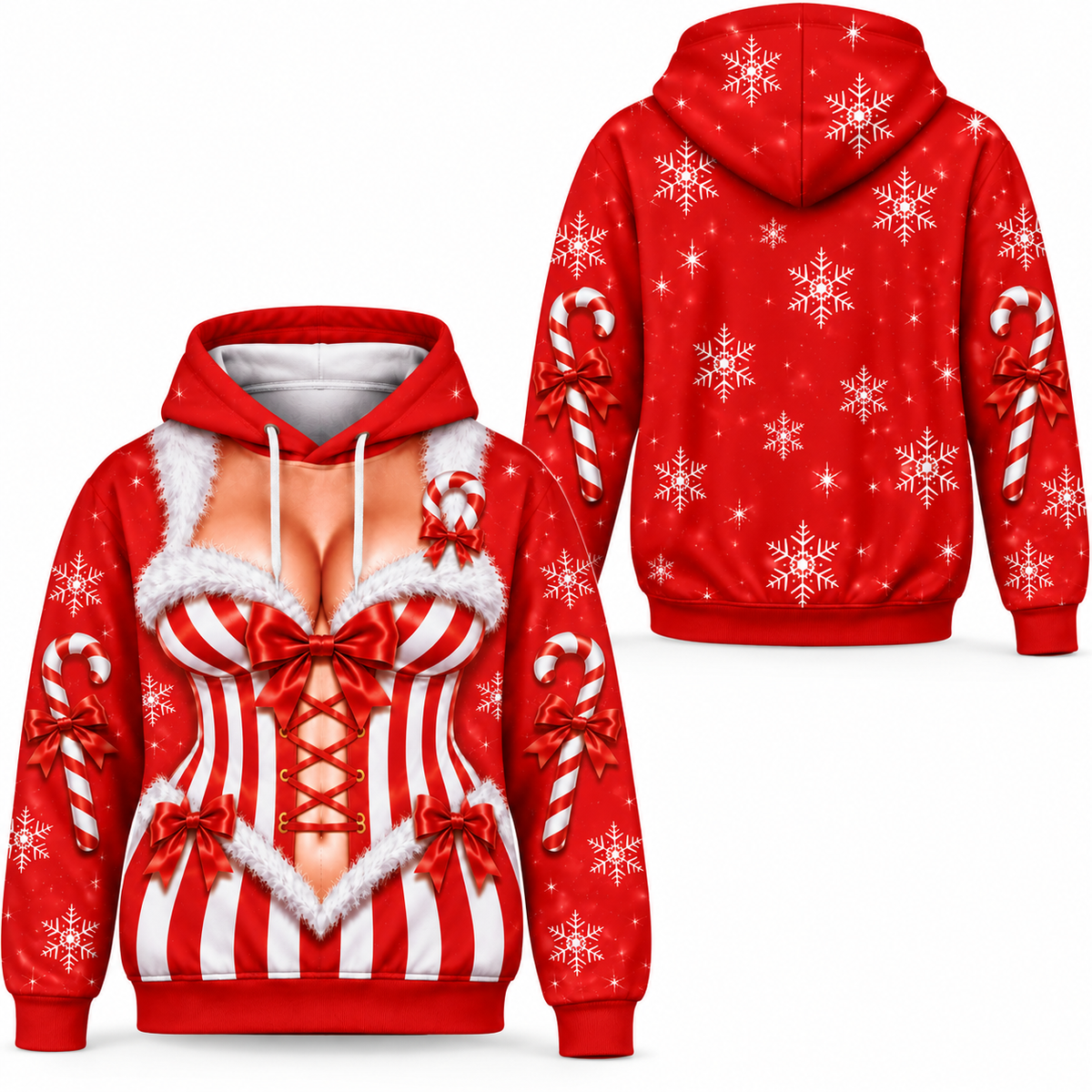 Women’s Christmas Candy Cane Corset Illusion 3-Piece Set – Hoodie, T-Shirt & Leggings
