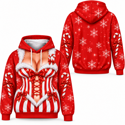 Women’s Christmas Candy Cane Corset Illusion 3-Piece Set – Hoodie, T-Shirt & Leggings