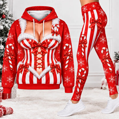 Women’s Christmas Candy Cane Corset Illusion 3-Piece Set – Hoodie, T-Shirt & Leggings