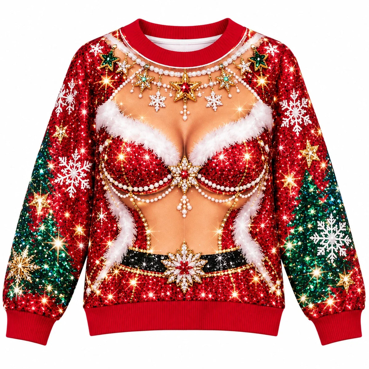Women’s Funny Christmas Ugly Sweater – Sparkling Santa Corset Illusion Holiday Party Pullover