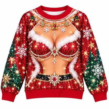 Women’s Funny Christmas Ugly Sweater – Sparkling Santa Corset Illusion Holiday Party Pullover