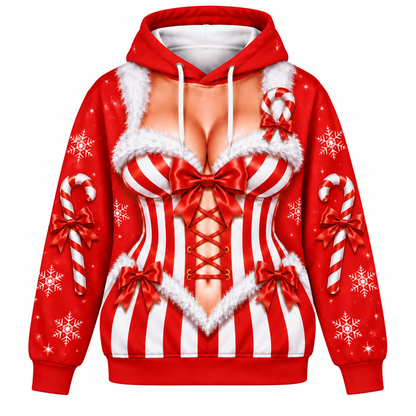 Women’s Christmas Candy Cane Corset Illusion 3-Piece Set – Hoodie, T-Shirt & Leggings
