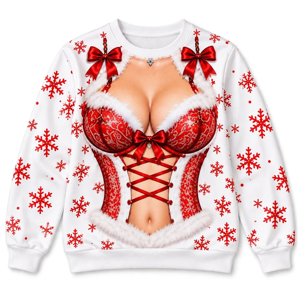 Funny Christmas Santa Corset Illusion Sweatshirt – Playful Snowflake Holiday Crewneck