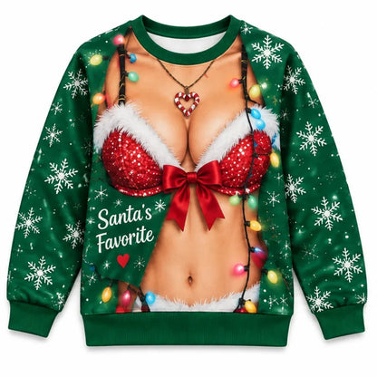 Funny Christmas Ugly Sweater – Sexy Trompe-L’œil Holiday Novelty Sweatshirt, Santa’s Favorite