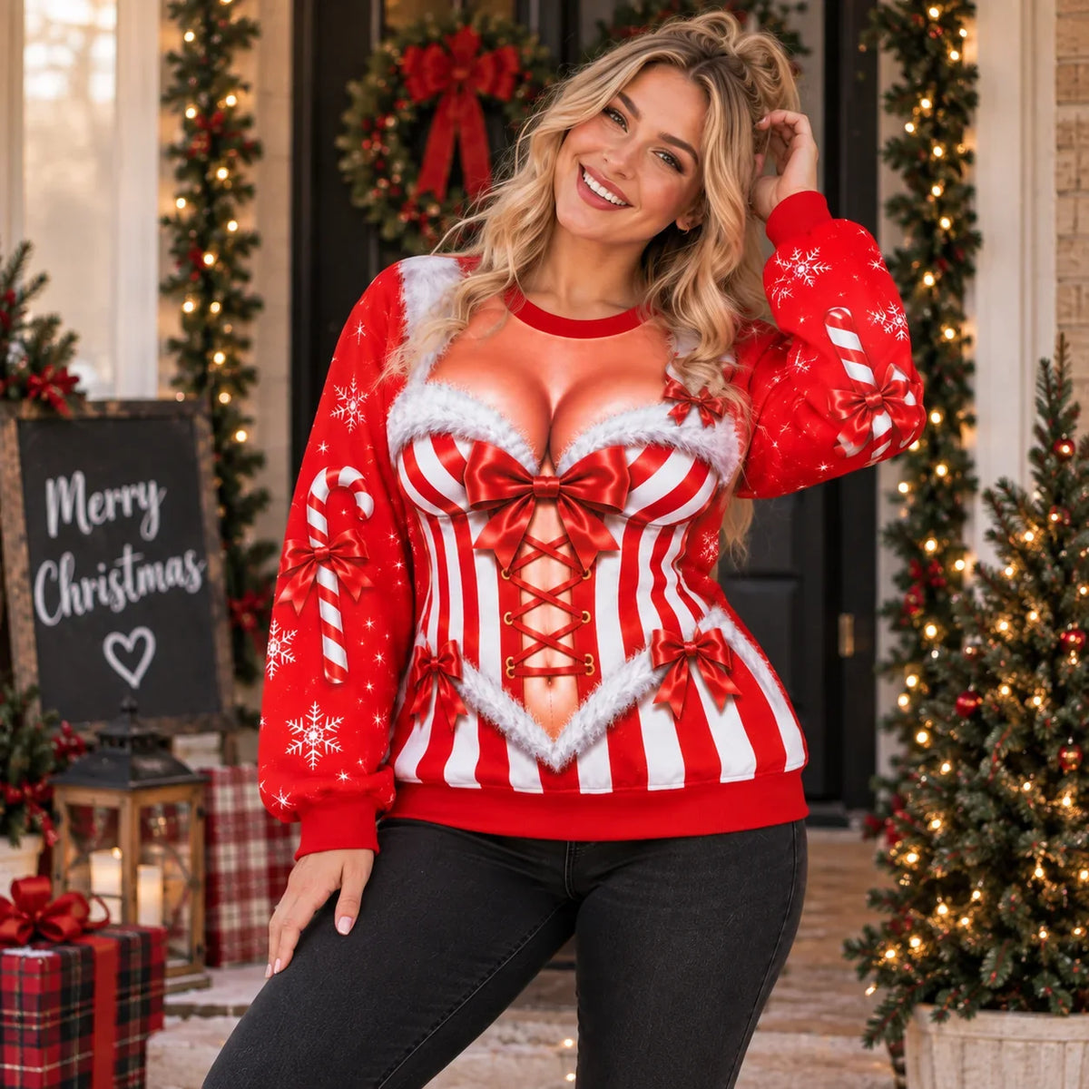 Funny Candy Cane Corset Christmas Sweatshirt – Sexy Optical Illusion Holiday Sweater