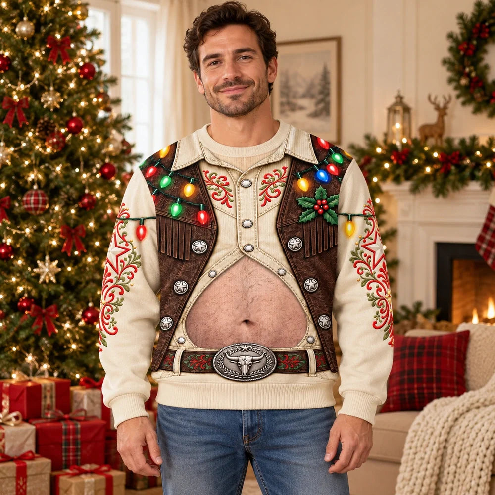 Funny Christmas Cowboy Belly Sweatshirt – Western Holiday Lights Pullover