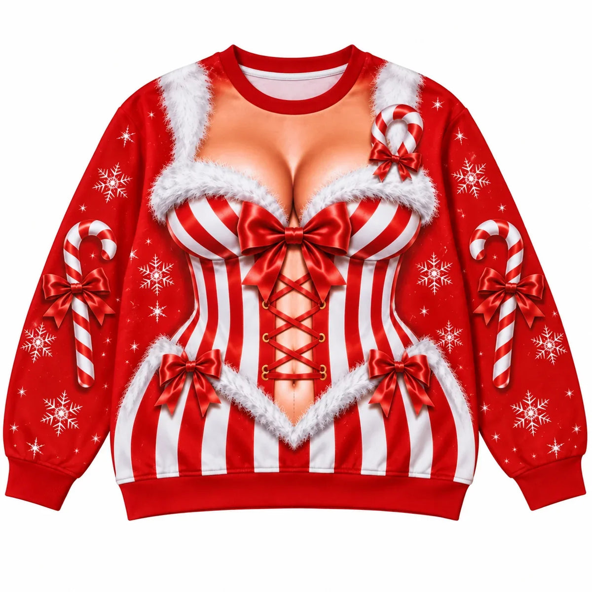 Funny Candy Cane Corset Christmas Sweatshirt – Sexy Optical Illusion Holiday Sweater