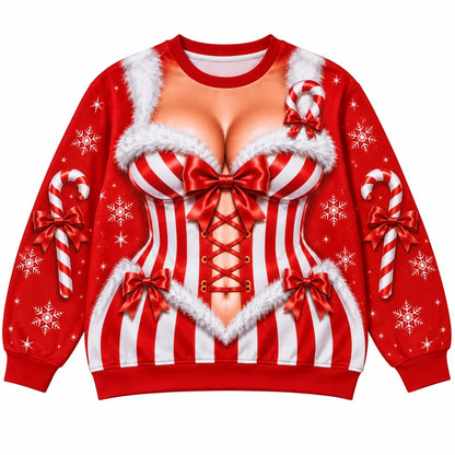 Funny Candy Cane Corset Christmas Sweatshirt – Sexy Optical Illusion Holiday Sweater