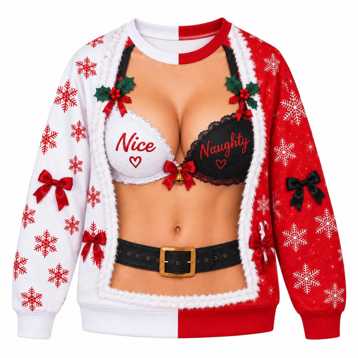 Funny Nice Naughty Christmas Sweatshirt for Women – Split Red & White Holiday Novelty Pullover