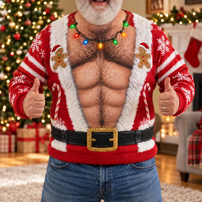Custom Skin Tone Santa Hairy Chest Ugly Christmas Sweater – Funny Body Illusion Holiday Sweatshirt