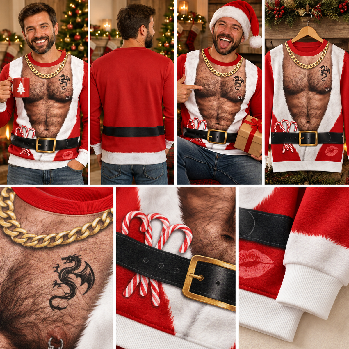 Funny Santa Fake Abs & Hairy Chest Ugly Christmas Sweater – Body Illusion Holiday Sweatshirt