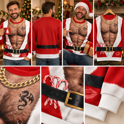 Funny Santa Fake Abs & Hairy Chest Ugly Christmas Sweater – Body Illusion Holiday Sweatshirt