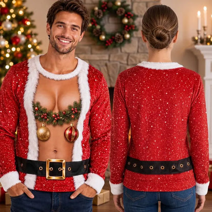 Funny Hairy Chest Santa Ugly Christmas Sweater – Fake Abs Holiday Sweatshirt for Men