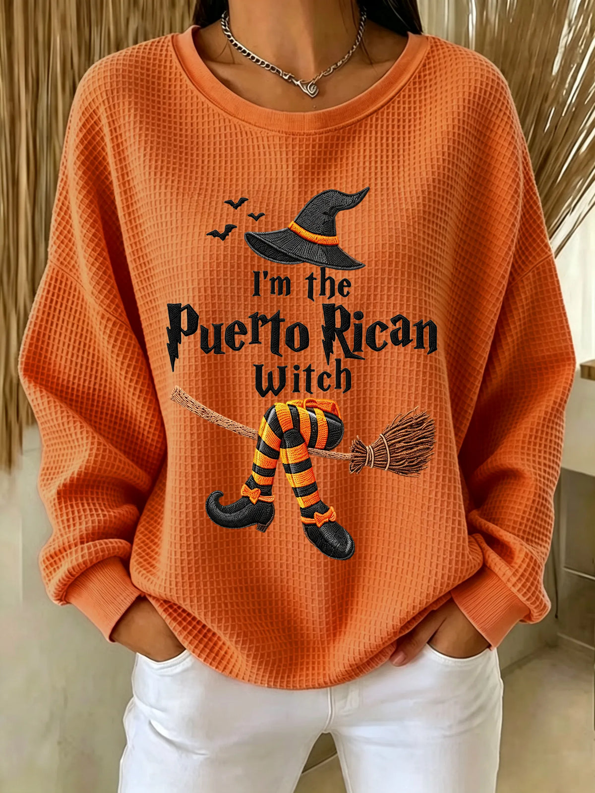 🎃Women's Halloween in Puerto Rico Print Waffle-Knit Top