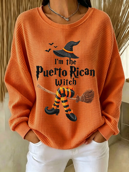 🎃Women's Halloween in Puerto Rico Print Waffle-Knit Top