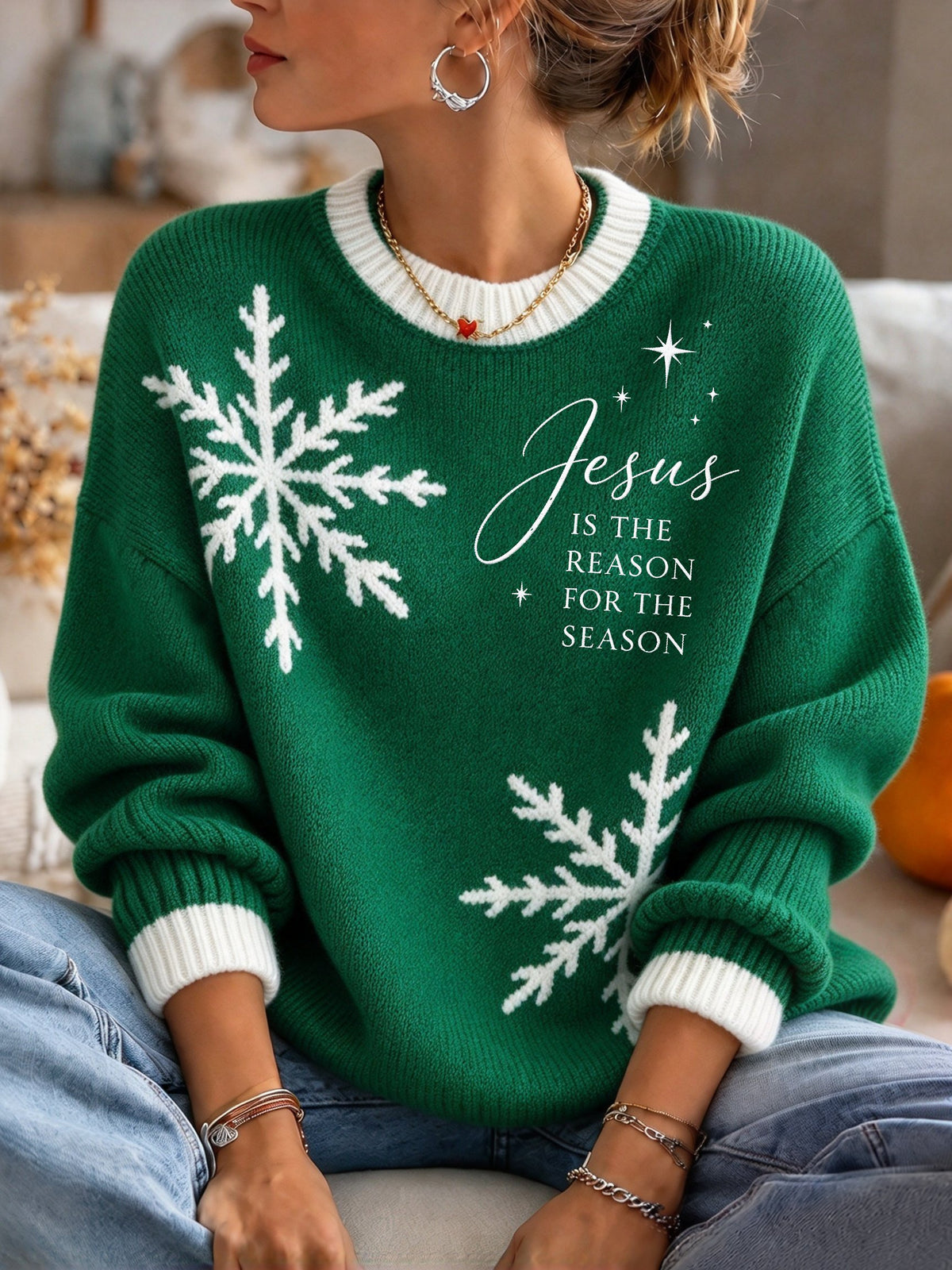 Women's Plush Knit Sweater – Festive Jesus-Themed Design