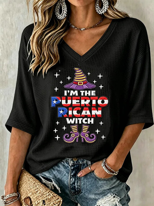 🎃Women's Halloween In Puerto Rico Print Waffle-Knit Top