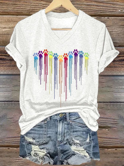 Women's Colorful Dog Heart Paw Print Casual T-shirt