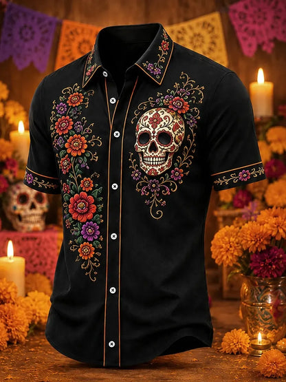 Men's Day Of The Dead Floral Skull And Curving Blossom Vines Print Short Sleeve Buttons Shirt