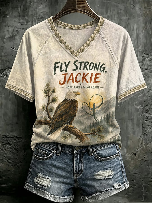 V Neck Retro Jackie Fly Strong, Hope Takes Wing Again Print T-Shirt