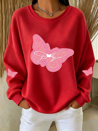 Women's Casual Printed Waffle Long-Sleeve Top