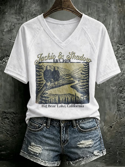 V Neck Retro Jackie & Shadow Est. 2018 Big Bear Lake, California Print T-Shirt