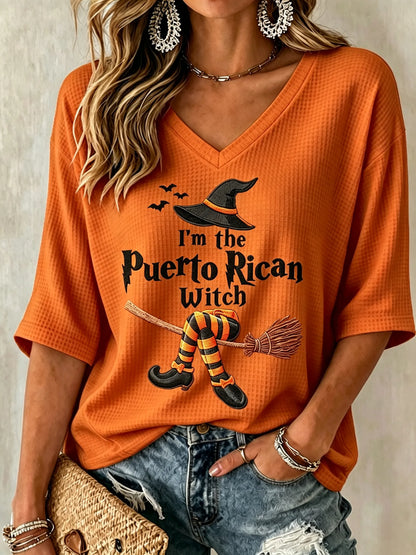 🎃Women's Halloween In Puerto Rico Print Waffle-Knit Top
