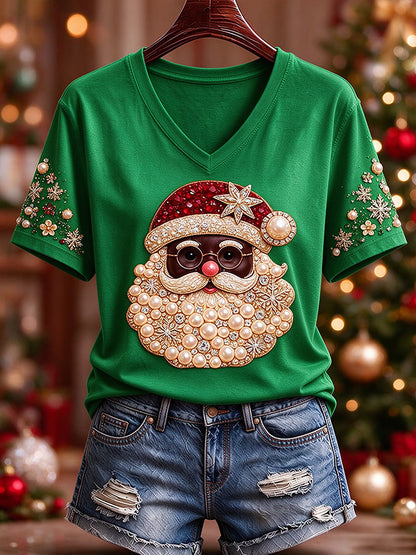 Black Women'S Christmas-Themed Printed Casual T-Shirt