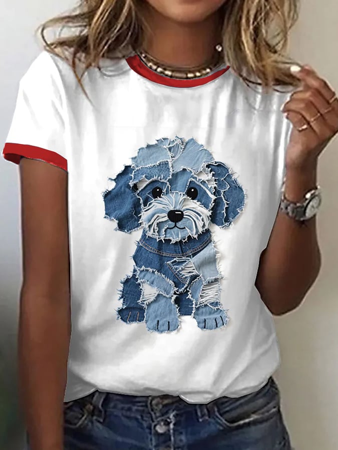 Women's Retro Funny Animal Dog Print Crew Neck T-Shirt