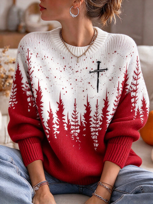 Women's Christmas Faith Print Casual Knit Top