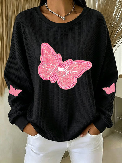Women's Casual Printed Waffle Long-Sleeve Top