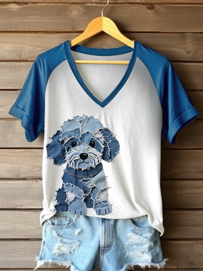 Women's Retro Funny Denim Patch Animal Dog Print Raglan Short Sleeve T-Shirt