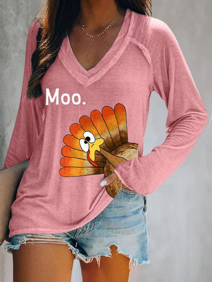 Women'S Thanksgiving Turkey Moo Printed T-Shirt