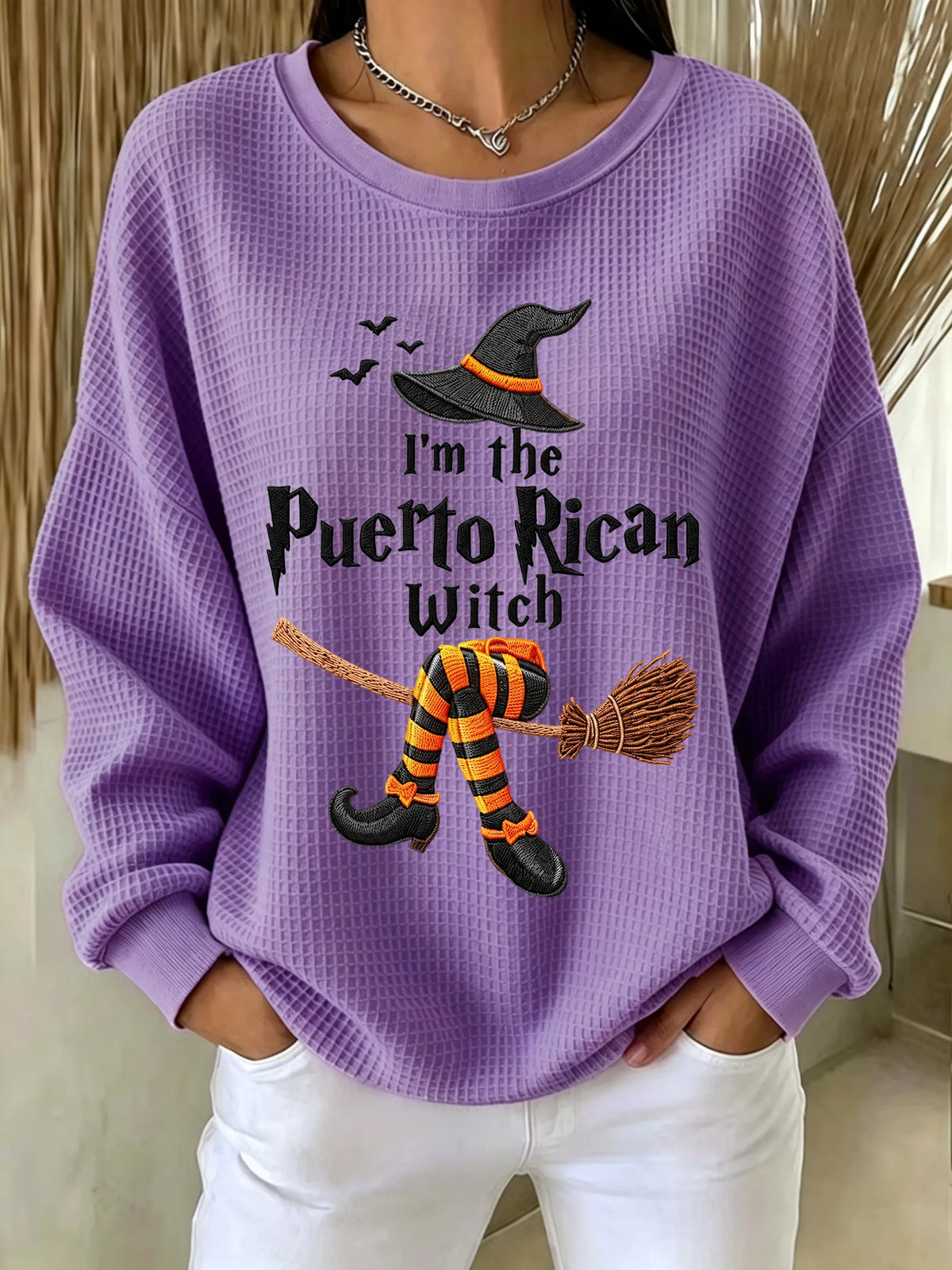 🎃Women's Halloween in Puerto Rico Print Waffle-Knit Top