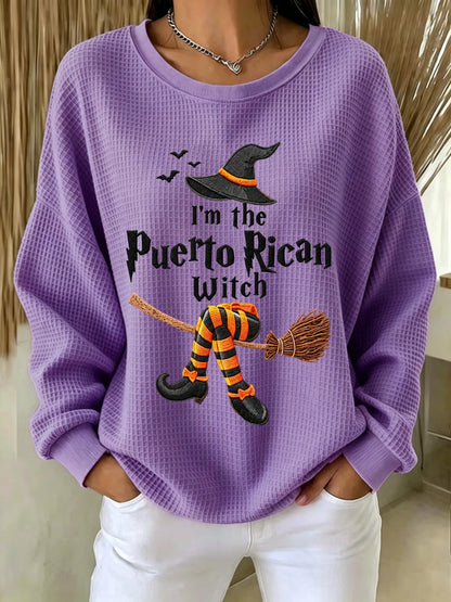 🎃Women's Halloween in Puerto Rico Print Waffle-Knit Top