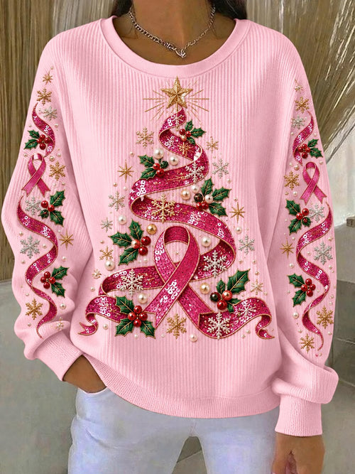 Women's Pink Christmas Print Crew Neck Long-Sleeve Sweatshirt