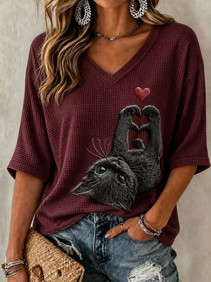 Women's Vintage Casual Cat Print T-Shirt
