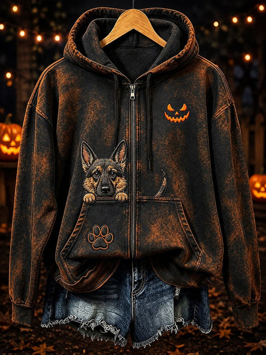 Women's Halloween Cute Dog Pumpkin Face Print Casual Sweatshirt
