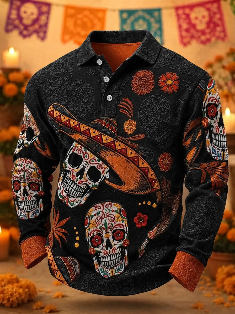 Men's Day Of The Dead Ornate Painted Skulls And Bright Daisies Print Long Sleeve Polo Shirt