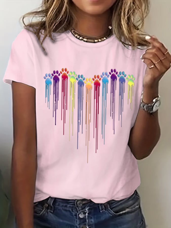 Women's Colorful Dog Heart Paw Print Casual T-shirt