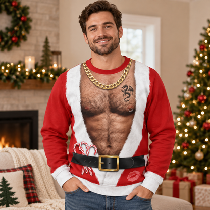 Funny Santa Fake Abs & Hairy Chest Ugly Christmas Sweater – Body Illusion Holiday Sweatshirt