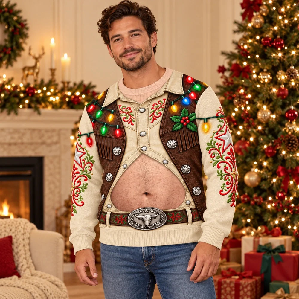 Funny Christmas Cowboy Belly Sweatshirt – Western Holiday Lights Pullover