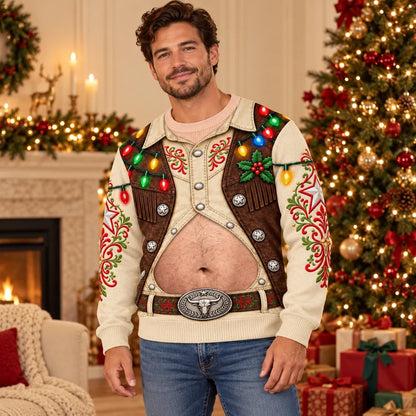 Funny Christmas Cowboy Belly Sweatshirt – Western Holiday Lights Pullover