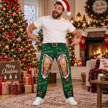 Funny Elf Ripped Illusion Christmas Pajama Pants – Naughty Holiday Lounge Pants