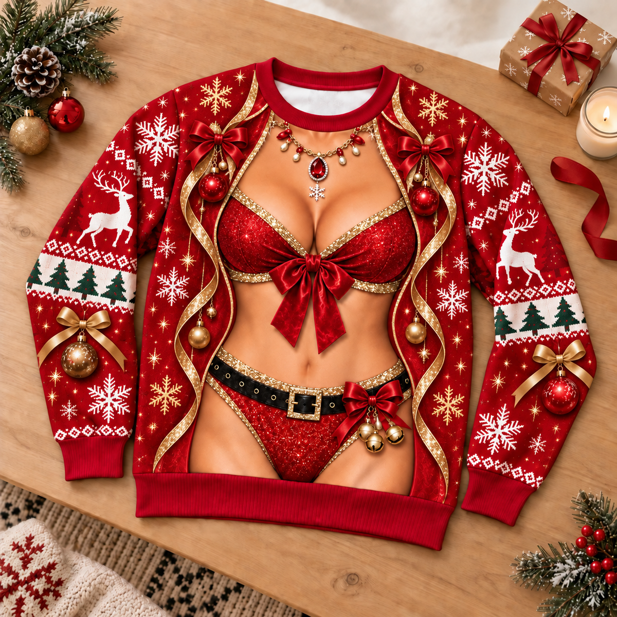 Bow & Ornament Christmas Sweater – Custom Body Illusion Print