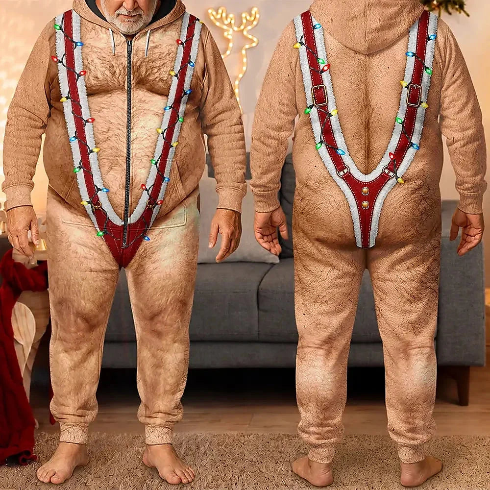 Funny Santa Hairy Body Gifts For Husband Dad Grandpa Brother - Personalized Overall Onesie Hooded Jumpsuit
